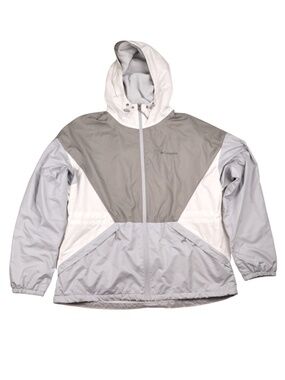 Columbia Hooded Windbreaker Jacket Large Gray Cream Fleece Lined Zip Up